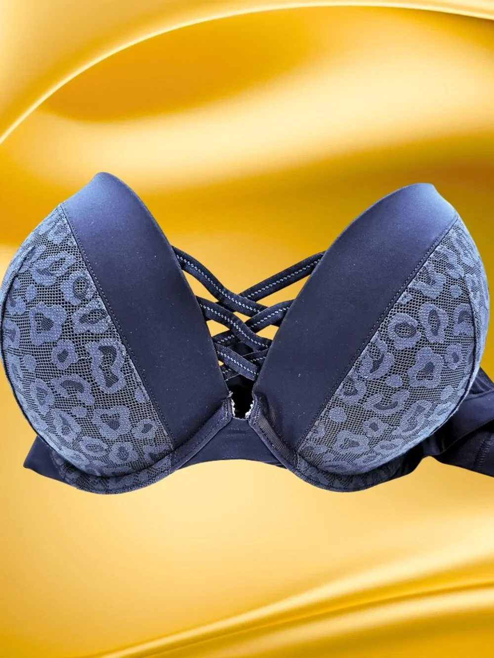 Torrid Curve 40C Navy Blue Leopard Lace Push Up Plunge Bra Strappy